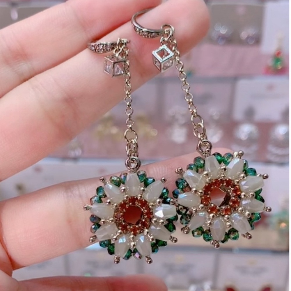 Green and White Floral Beaded Earrings 2 inches long